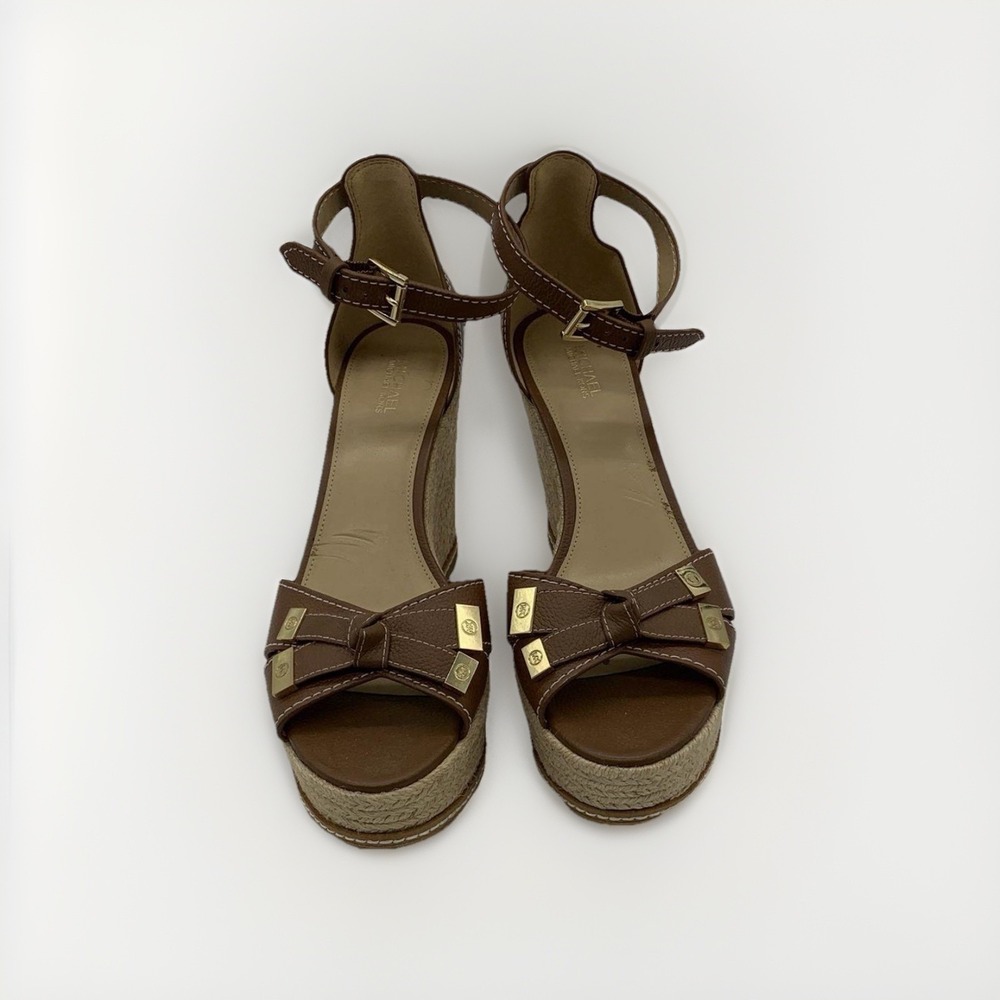Michael Kors Bohemium Summer Caramel Brown Bow Platform Wedge Sandals Size 8.5